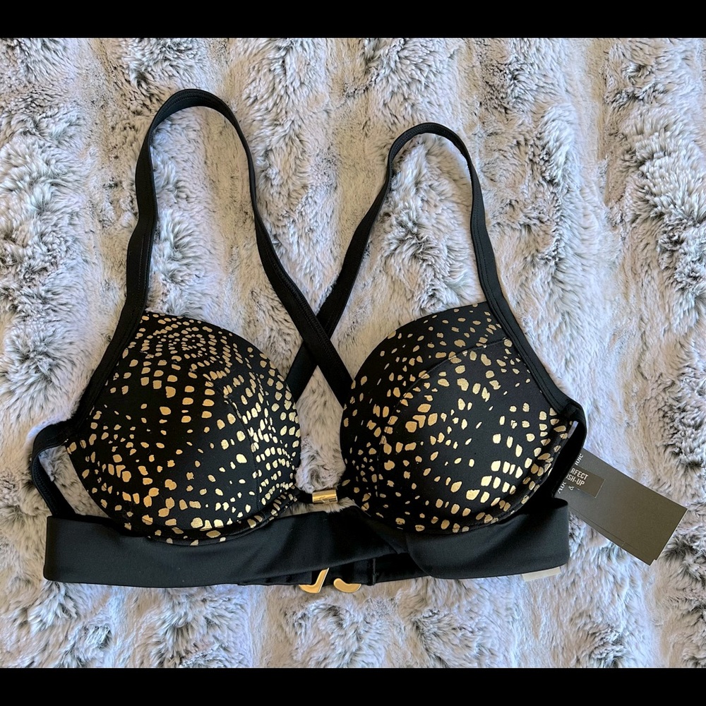 NWT NEW Abercrombie & Fitch Swim Push Up Bikini Top Size 34B Black/Gold